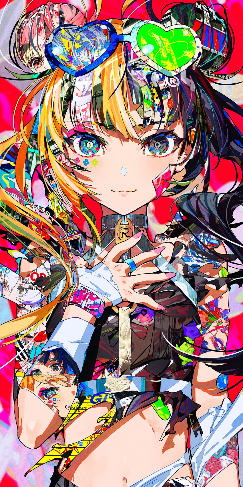 6+girls absurdres bandaged_arm bandaged_hand bandages black_eyes black_hair blonde_hair blue_eyes closed_mouth eyewear_on_head fingernails floating_hair hair_between_eyes hand_on_own_chest heterochromia highres jewelry long_hair looking_at_viewer mika_pikazo multicolored_hair multiple_girls nail_polish navel original pink_nails reflection ring sidelocks smile solo_focus torn_clothes two-tone_hair upper_body