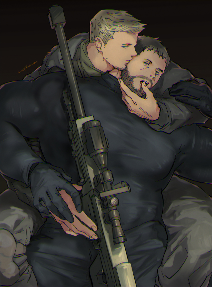 2boys alternate_facial_hair anti-materiel_rifle bara black_gloves black_hair black_pants black_shirt brown_hair chris_redfield facial_hair finger_in_another's_mouth gloves goatee gun hand_on_another's_hand highres holding holding_gun holding_weapon kuconoms large_pectorals male_focus multiple_boys muscular muscular_male ntw-20 open_mouth pants pectorals piers_nivans resident_evil resident_evil_6 rifle shirt short_hair sniper_rifle twitter_username weapon yaoi