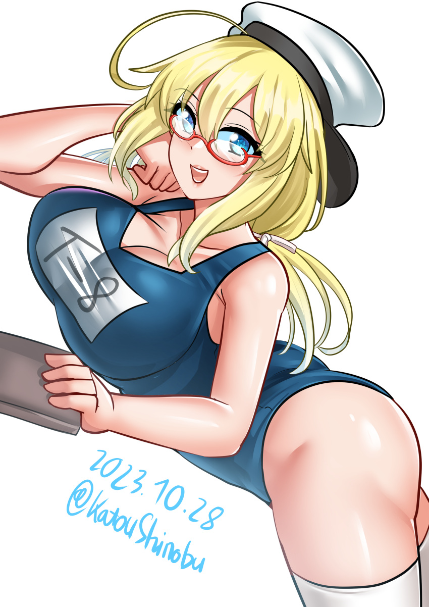 1girl absurdres ahoge blonde_hair blue_eyes blush breasts dated glasses hair_ribbon hat highres i-8_(kancolle) kantai_collection katou_shinobu large_breasts lips long_hair looking_at_viewer low_twintails lying name_tag on_stomach one-piece_swimsuit open_mouth peaked_cap red-framed_eyewear ribbon sailor_hat school_swimsuit semi-rimless_eyewear smile swimsuit thighhighs twintails twitter_username under-rim_eyewear white_background white_thighhighs