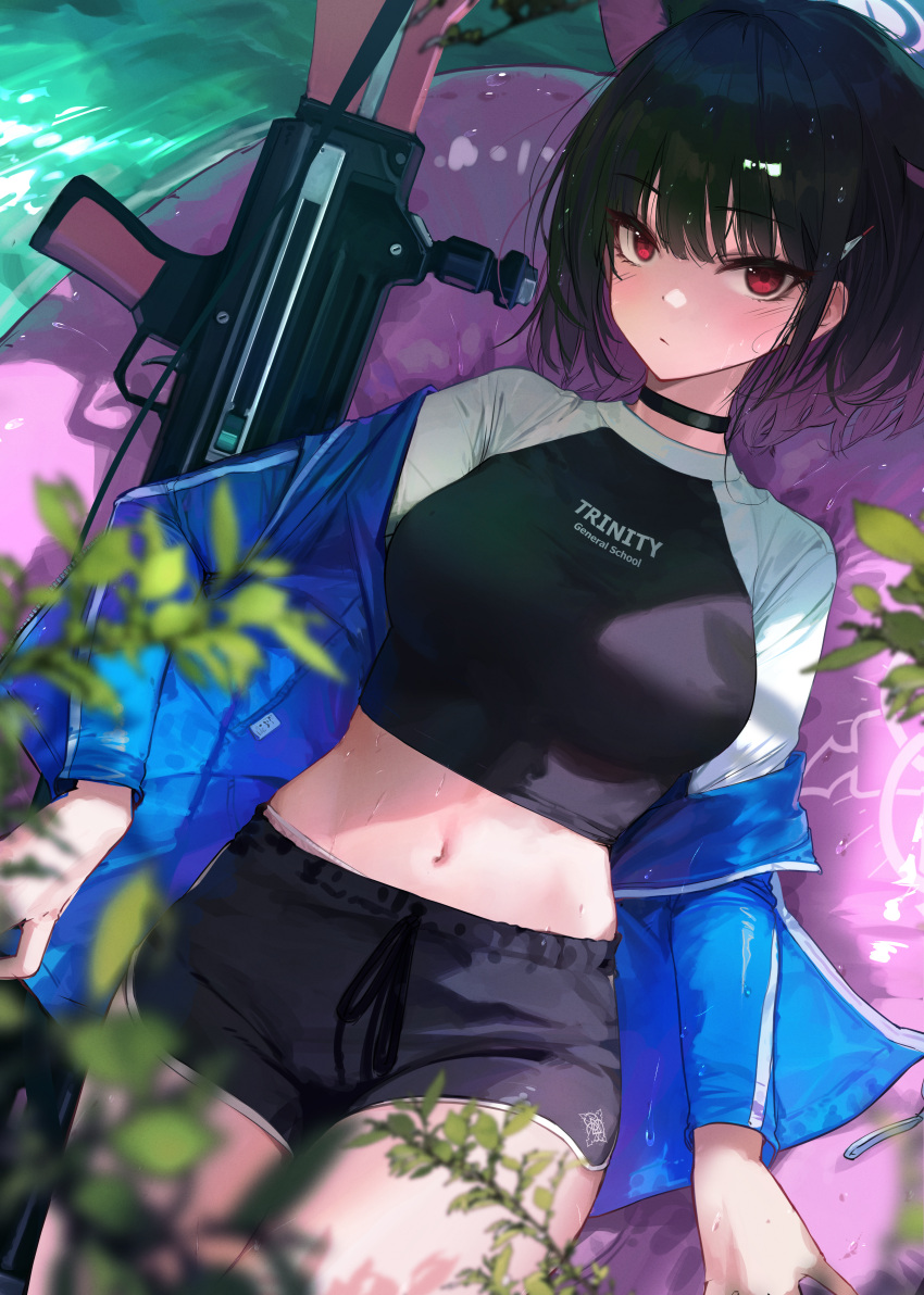 1girl absurdres alternate_costume animal_ears black_hair black_shorts blue_archive blue_jacket blurry blurry_foreground blush breasts cat_ears crop_top depth_of_field dolphin_shorts extra_ears ggoc_ill highres jacket jacket_partially_removed kazusa_(blue_archive) looking_at_viewer medium_breasts midriff navel pink_eyes pink_hair raglan_sleeves rash_guard shorts solo