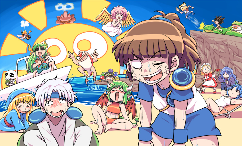 6+boys 6+girls @_@ anger_vein apron arm_up arthropod_girl bag bag_on_head beach beach_chair bead_necklace beads bee_wings bikini blonde_hair blue_eyes blue_footwear blue_hair blue_hairband blue_headwear blue_robe blue_shirt blue_shorts blue_skirt blue_wristband blush boat broom brown_hair brown_shorts cape carbuncle_(puyopuyo) choppun circlet closed_eyes closed_mouth commentary crack cracked_glass crying cup curry draco_centauros dragon_girl dragon_horns dragon_tail dragon_wings dress eating elephant fang flower flying food frog green_cape green_hair hairband harpy_(puyopuyo) hawaiian_shirt helmet highres holding holding_broom holding_cup holding_flower holding_instrument holding_plate holding_scepter holding_spoon honey_bee_(puyopuyo) horns incubus_(puyopuyo) instrument jewelry juliet_sleeves jumping kikimora_(puyopuyo) kodomo_dragon_(puyopuyo) lagnus_the_brave lizard long_hair long_sleeves maid maid_headdress multiple_boys multiple_girls music nama-chan necklace nohoho_(puyopuyo) nostrils on_one_knee one-piece_swimsuit one_eye_closed open_mouth orange_bikini orange_wings outdoors paper_bag pink_hair plate playing_instrument pointy_ears ponytail puffy_sleeves purple_robe puyo_(puyopuyo) puyopuyo rectangular_eyewear red_dress red_flower red_footwear red_rose rice riding robe rose rulue_(puyopuyo) satan_(puyopuyo) scepter shirt short_hair short_sleeves shorts singing single_shoulder_pad sitting skeleton skeleton_t skirt smile socks spiked_hair spoon striped_horns suketoudara sun sunbathing sunglasses sweat sweatdrop swimsuit sword tail teeth ukulele unusually_open_eyes very_long_hair vest watercraft weapon white_apron white_dress white_hair white_one-piece_swimsuit white_robe white_socks white_vest wings witch_(puyopuyo) zoh_daimaoh