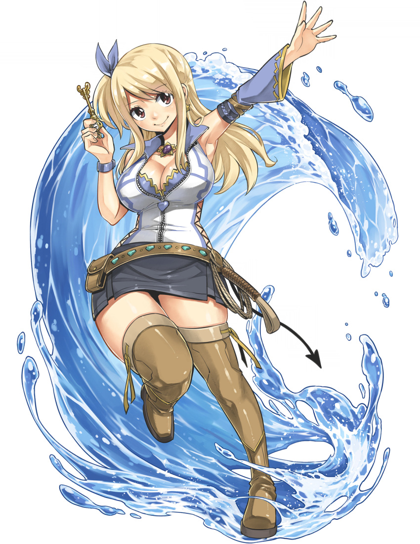 1girl black_skirt blonde_hair blue_bow blue_jacket blue_sleeves boots bow breasts brown_eyes brown_footwear cleavage collared_jacket crossover detached_sleeves fairy_tail gate_of_nightmares hair_bow highres holding holding_key jacket jewelry key large_breasts long_hair looking_at_viewer lucy_heartfilia mashima_hiro miniskirt multicolored_clothes multicolored_jacket necklace official_art side_ponytail simple_background single_sleeve skirt sleeveless sleeveless_jacket smile solo thigh_boots transparent_background two-tone_jacket water waves white_jacket