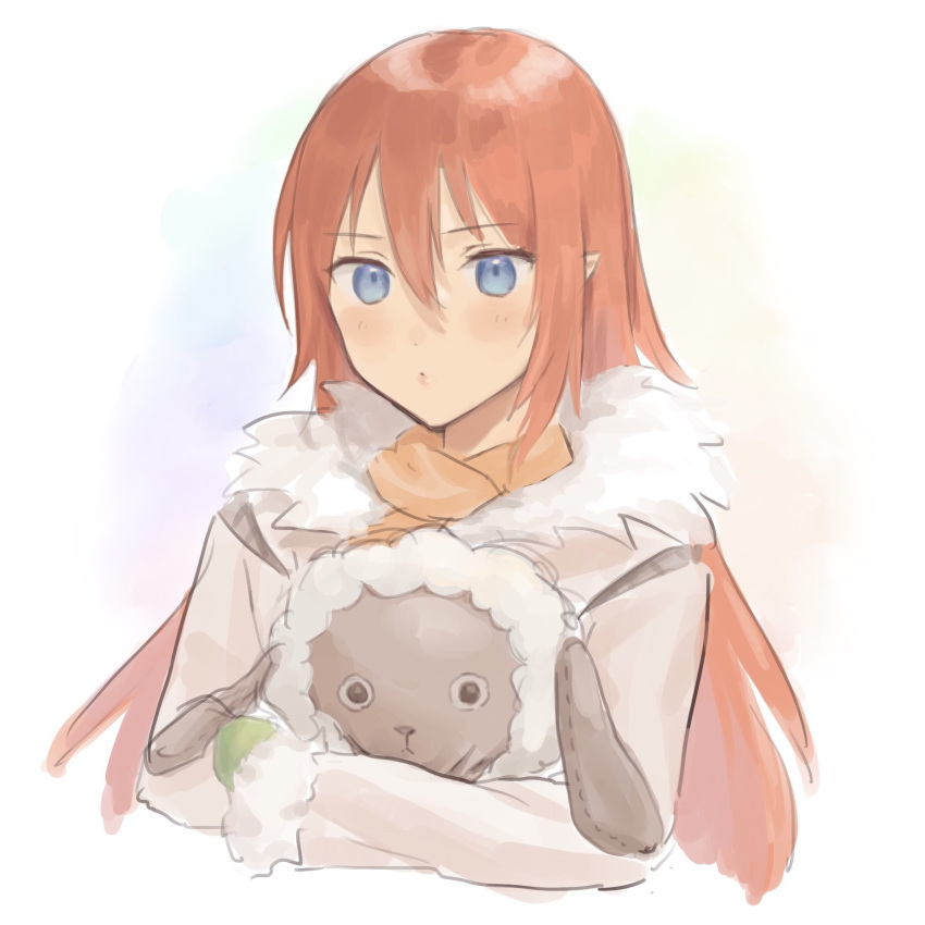 1girl blue_eyes blush brown_coat closed_mouth coat commentary_request cropped_torso fur_trim hair_between_eyes highres holding holding_stuffed_toy hug long_hair looking_at_viewer mokomoko_(rune_factory) orange_scarf red_hair rune_factory rune_factory_3 scarf simple_background solo stuffed_animal stuffed_sheep stuffed_toy tanabe_rf toona upper_body white_background