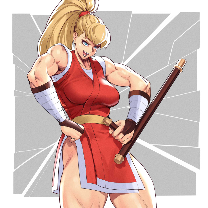 1girl :d bangs blonde_hair breasts brown_eyes final_fight genryuusai_maki highres japanese_clothes large_breasts long_hair looking_at_viewer muscular muscular_female ninja ogami pelvic_curtain ponytail simple_background smile solo street_fighter tonfa weapon