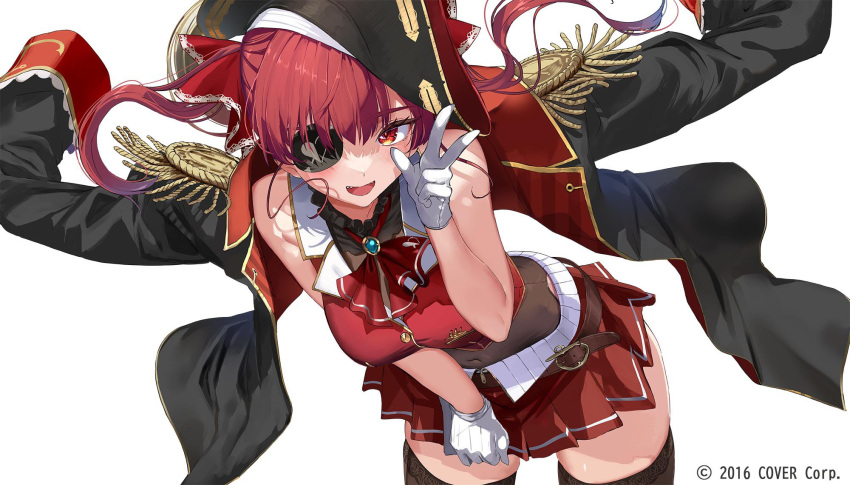 1girl akasaai ascot black_headwear black_jacket black_thighhighs breasts commentary_request eyepatch gloves hair_ribbon hat highres hololive houshou_marine houshou_marine_(1st_costume) jacket long_hair looking_at_viewer medium_breasts open_mouth pirate_hat red_ascot red_eyes red_hair red_ribbon red_skirt ribbon simple_background skirt solo thighhighs twintails v virtual_youtuber white_background white_gloves