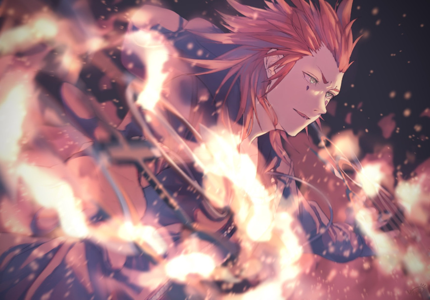 1boy axel_(kingdom_hearts) black_robe embers facial_mark facing_to_the_side fighting_stance fire furrowed_brow green_eyes hair_slicked_back highres kingdom_hearts kingdom_hearts_358/2_days long_hair male_focus parted_lips red_hair robe short_eyebrows sideburns solo twilight_yuuhi upper_body