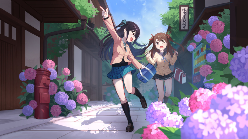 2girls ;o absurdres bag black_hair black_skirt black_socks blue_skirt blush brown_hair closed_eyes flower full_body highres hirotaka0125 holding holding_bag hydrangea indie_virtual_youtuber kneehighs live2d_inc. long_hair long_sleeves miyune_bun multiple_girls neuro-sama one_eye_closed open_mouth plant pointing skirt smile socks tree two_side_up virtual_youtuber