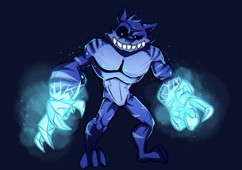 2016 activision anthro big_claws biped black_sclera blue_body blue_fur claws crash_bandicoot_(series) davix-ilustrador elemental_manipulation front_view full-length_portrait fur glowing glowing_eyes hi_res ice_manipulation male muscular portrait ratcicle simple_background solo striped_body striped_fur stripes teeth titan_(crash_bandicoot) white_eyes