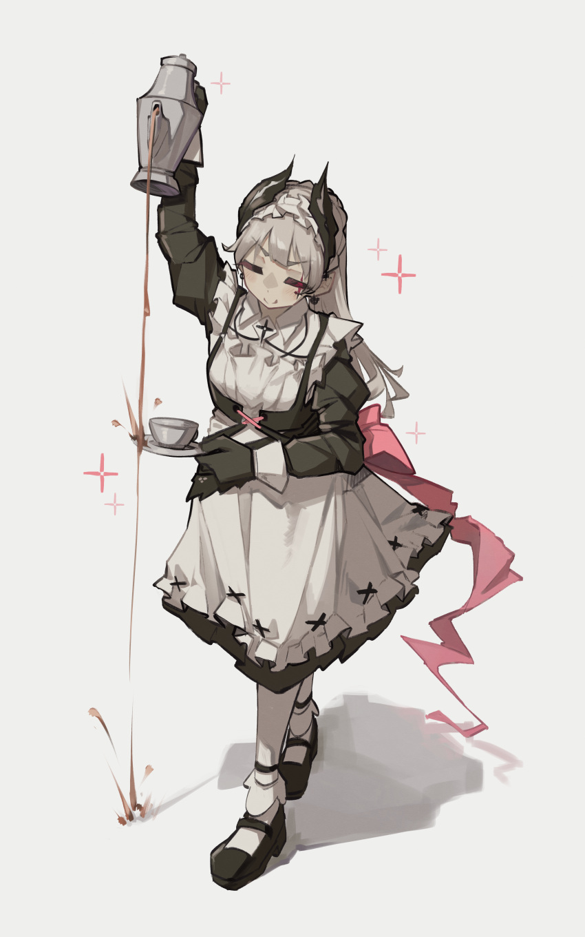 1girl absurdres apron arknights black_footwear black_gloves closed_eyes commission cup decantering english_commentary failure full_body gloves head_wings highres holding holding_cup holding_teapot irene_(arknights) irene_(voyage_of_feathers)_(arknights) juliet_sleeves long_sleeves maid maid_apron mary_janes official_alternate_costume official_art pantyhose puffy_sleeves shoes simple_background smile solo teacup teapot togekk0 white_background white_pantyhose wings you're_doing_it_wrong