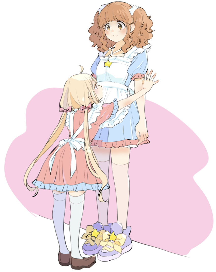 2girls :3 against_wall age_difference ahoge alternate_costume alternate_hairstyle apron arched_bangs blonde_hair blue_dress blue_trim bow brown_eyes brown_footwear brown_hair closed_mouth commentary dot_nose dress frilled_apron frilled_dress frilled_sleeves frills futaba_anzu hair_bow hair_ornament hair_scrunchie height_difference highres idolmaster idolmaster_cinderella_girls kabedon kirakira_p_cyan leaning leaning_forward light_blush loafers long_hair looking_at_another looking_down looking_up low_twintails maid maid_apron medium_bangs moroboshi_kirari multiple_girls pink_background pink_bow pink_dress pink_thighhighs pink_trim purple_footwear scrunchie shoes sidelocks simple_background smile sneakers standing star_(symbol) straight_hair tall_female thighhighs twintails very_long_hair wall wavy_hair white_apron white_scrunchie white_thighhighs yellow_bow yuri