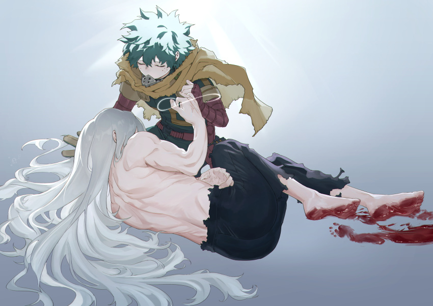 2boys absurdres aranciojelyfish backlighting barefoot belt belt_pouch blood_on_feet bloody_footprints bodysuit boku_no_hero_academia cape closed_eyes covered_mouth curled_up disfigured eyebrows_hidden_by_hair fetal_position footprints freckles from_behind full_body gloves glowing gradient_background green_bodysuit green_gloves green_hair grey_background grey_gloves grey_hair hair_between_eyes hair_flowing_over hand_on_floor hand_on_ground hand_up head_down highres kneeling leaning_forward light light_rays light_trail long_hair lying male_focus messy_hair midoriya_izuku multiple_boys official_alternate_costume on_side pale_skin pants pinky_swear pouch red_belt shigaraki_tomura short_hair single_glove snap-fit_buckle spoilers toned toned_male topless_male torn_clothes torn_pants utility_belt veins yellow_cape