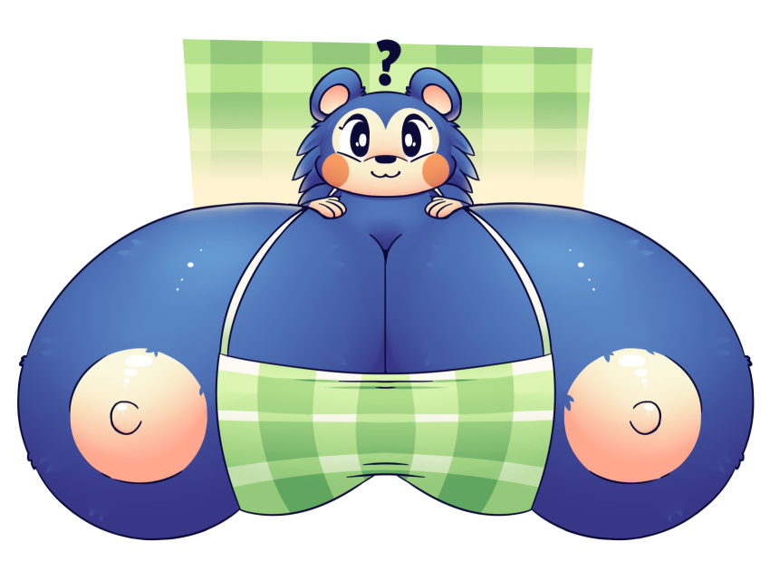 animal_crossing anthro apron areola black_eyes blue_body clothing eulipotyphlan female gloves_(marking) hedgehog hi_res huztar mabel_able mammal markings nintendo nipples pupils question_mark smile solo white_areola white_nipples white_pupils