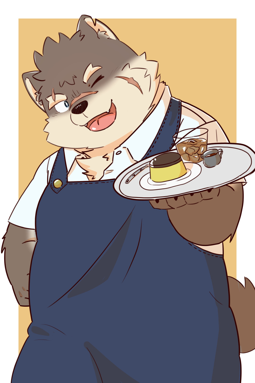 absurd_res anthro apron beverage canid canine canis clothing domestic_dog eyebrows flan hi_res lifewonders male mammal moritaka one_eye_closed penguin0700 scar serving_tray slightly_chubby solo thick_eyebrows tokyo_afterschool_summoners waiter wink