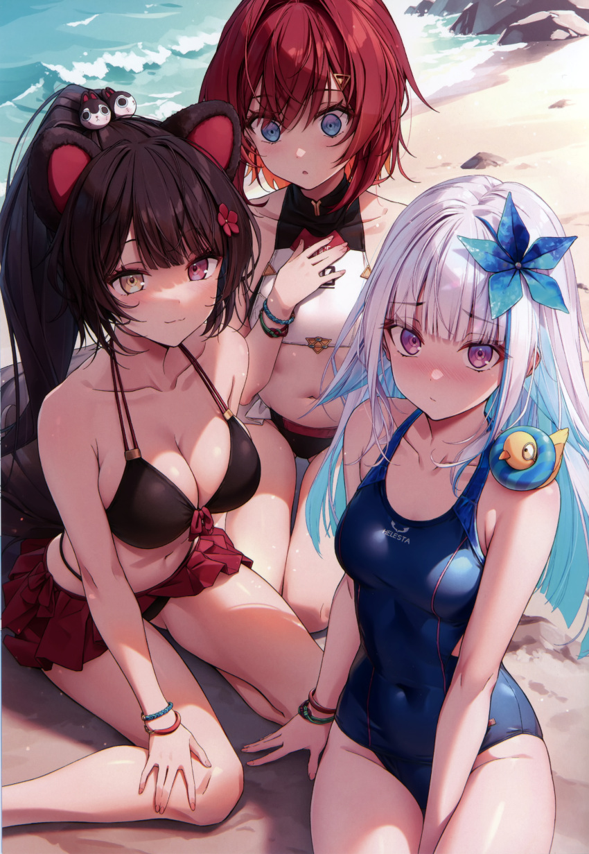 3girls absurdres ange_katrina animal animal_ears bare_shoulders beach bikini bird blue_eyes blush bracelet breasts brown_hair cleavage closed_mouth collarbone covered_navel day fingernails flat_chest gradient_hair hair_bobbles hair_ornament hairclip hand_on_own_chest heterochromia high_ponytail highres innertube inui_toko jewelry kuro-kun_(nablack) lize_helesta looking_at_viewer monocle multicolored_hair multiple_girls navel nijisanji one-piece_swimsuit parted_lips ponytail purple_eyes red_eyes red_hair scan sebastian_piyodore shiny_skin shore short_hair simple_background sitting smile stomach swimsuit thighs water white_hair yellow_eyes