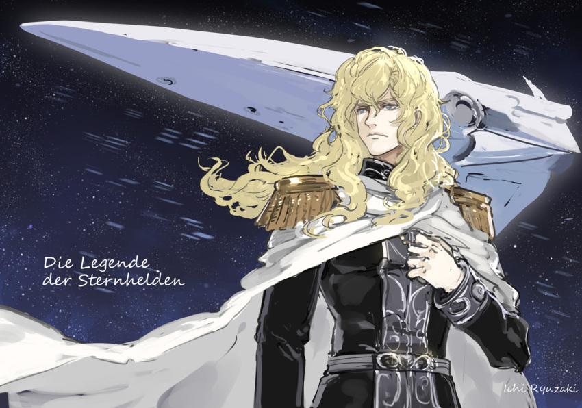 blonde_hair blue_eyes bruenhild_(gin'eiden) cape epaulettes german_text ginga_eiyuu_densetsu long_hair military_uniform reinhard_von_lohengramm ryuuzaki_ichi signature space spacecraft uniform white_cape