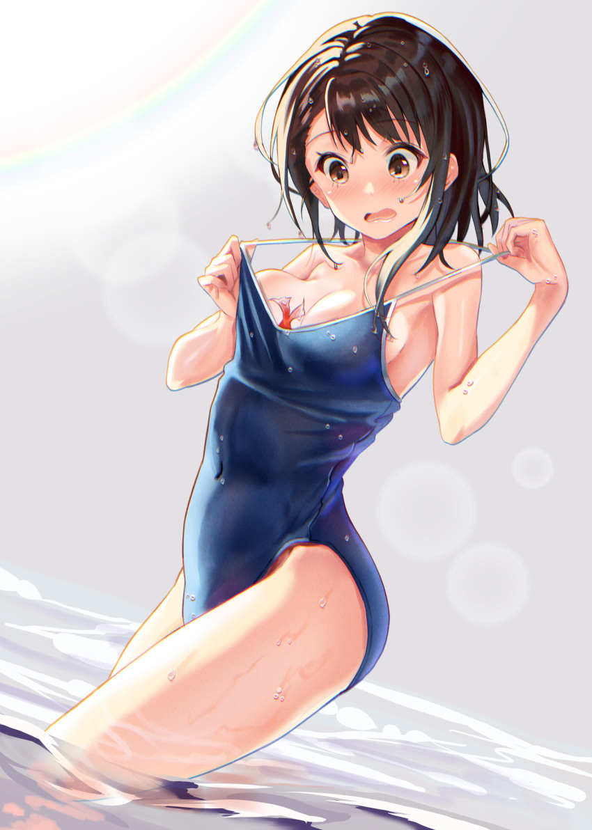 1girl bare_arms bare_legs blue_one-piece_swimsuit breasts brown_eyes brown_hair cleavage clothes_pull collarbone commentary_request covered_navel fish goldfish grey_background highres long_hair looking_down medium_breasts nanashi_(74_nanashi) nisekoi one-piece_swimsuit one-piece_swimsuit_pull onodera_kosaki open_mouth partial_commentary school_swimsuit sideboob solo spaghetti_strap swimsuit wading wavy_mouth wet wet_hair