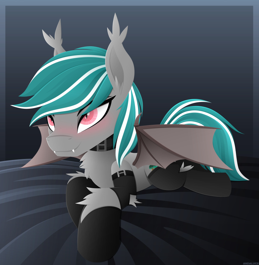 absurd_res ambiguous_gender andaluce bat_pony bat_wings blush chest_tuft claws clothing collar cutie_mark digital_media_(artwork) ear_tuft equid fangs feral fluffy fur green_hair green_mane green_tail grey_body grey_fur grey_wings hair hasbro hi_res hockless_socks inner_ear_fluff leg_tuft legwear malachite_cluster_(oc) mammal mane membrane_(anatomy) membranous_wings multicolored_hair multicolored_mane my_little_pony pink_eyes pupils slit_pupils smile stockings tail teeth tuft two_tone_hair two_tone_mane two_tone_tail white_hair white_mane white_tail wing_claws wings