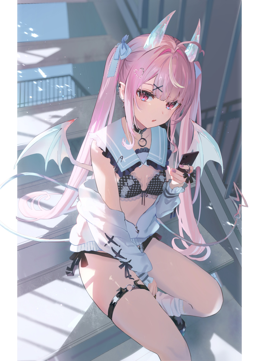 1girl ahoge bikini black_bikini black_choker breasts choker demon_horns demon_tail demon_wings detached_collar hair_ribbon highres holding holding_phone horns jacket lace_trim long_hair long_sleeves looking_at_viewer off_shoulder omelet_tomato open_mouth original phone pink_hair pointy_ears red_eyes ribbon sailor_collar side-tie_bikini_bottom sitting small_breasts socks solo stairs swimsuit tail thigh_strap thighs twintails very_long_hair white_jacket white_socks wings