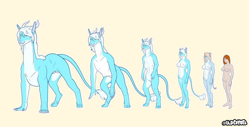 absurd_res anthro bipedal_feral breasts dragon fantasy female feral hi_res horn human mammal oldcoyotl solo transformation transformation_sequence