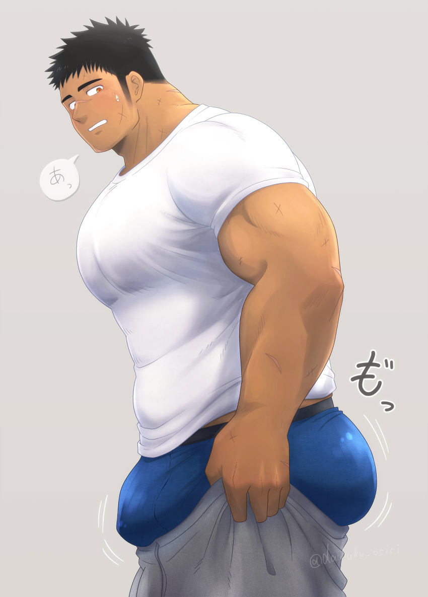 1boy abs absurdres ass ass_lift bara blue_male_underwear bulge bulge_lift cross_scar dark-skinned_male dark_skin dressing feet_out_of_frame from_side highres i've_never_seen_a_guy_recreate_this_successfully_tbh_(meme) large_pectorals long_sideburns male_focus male_underwear meme motion_blur muscular muscular_male nipples original pants pants_lift pectorals scar shirt short_hair sideburns solo stomach sweatdrop ta_koazuma track_pants undersized_clothes underwear white_shirt