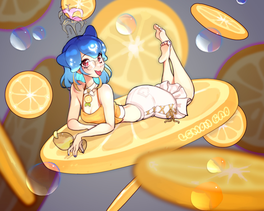 1girl anya_mania ass bao_(vtuber) bao_(vtuber)_(5th_costume) barefoot black_nails breasts brown_eyes bubble character_name choker cleavage cup drinking_glass english_commentary food fruit glasses highres holding holding_cup indie_virtual_youtuber lemon lemon_necklace lemon_slice long_neck looking_at_viewer lying medium_breasts mini_person minigirl nail_polish official_alternate_costume on_stomach orange_camisole skirt smile soles solo the_pose toenail_polish toenails tongue tongue_out virtual_youtuber water white_choker white_skirt wine_glass yellow_theme