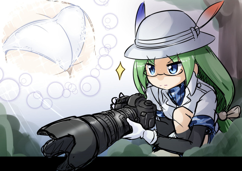 1girl ass blue_eyes camera camouflage_trim glasses gloves green_hair hat hat_feather helmet highres holding holding_camera jacket kemono_friends lens_focus long_hair mirai_(kemono_friends) panties pith_helmet safari_jacket sekiguchi_miiru shirt short_sleeves underwear