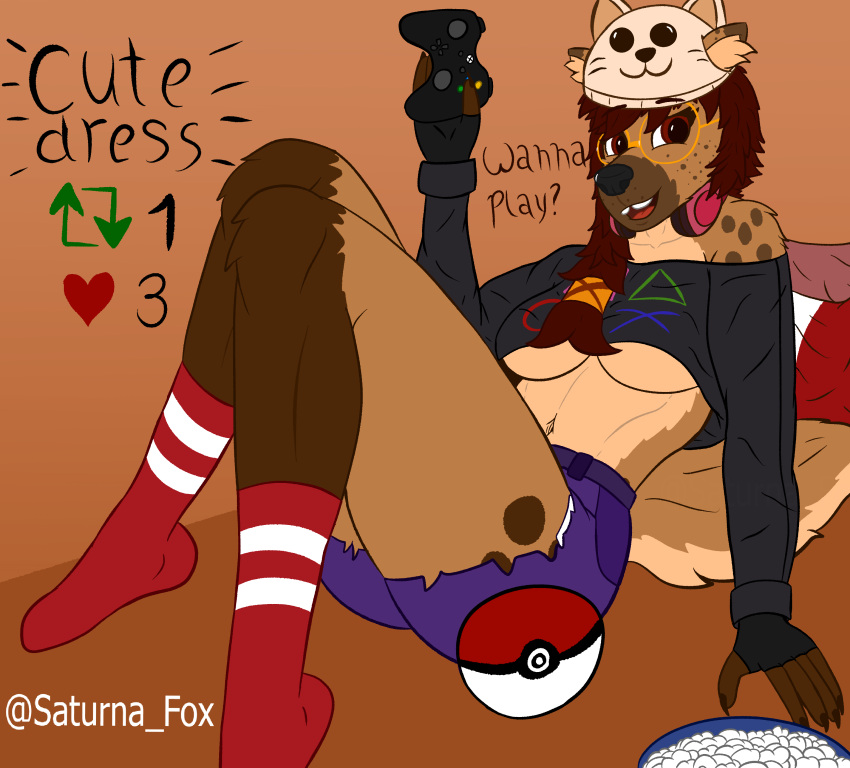 absurd_res accessory anaya_(saturnafox) anthro bottomwear breasts brown_body brown_eyes clothed clothing controller dialogue digital_media_(artwork) english_text female food footwear fur game_controller gaming gloves hair handwear headgear headphones headphones_around_neck headwear hi_res holding_controller holding_object hyena looking_at_viewer lying mammal microsoft nintendo open_mouth pillow playing_videogame playstation pokeball pokemon popcorn saturnafox shirt shorts simple_background socks solo sony_corporation sony_interactive_entertainment spotted_hyena tail teeth_gap text thick_thighs tongue topwear under_boob wide_hips xbox xbox_controller xbox_game_studios