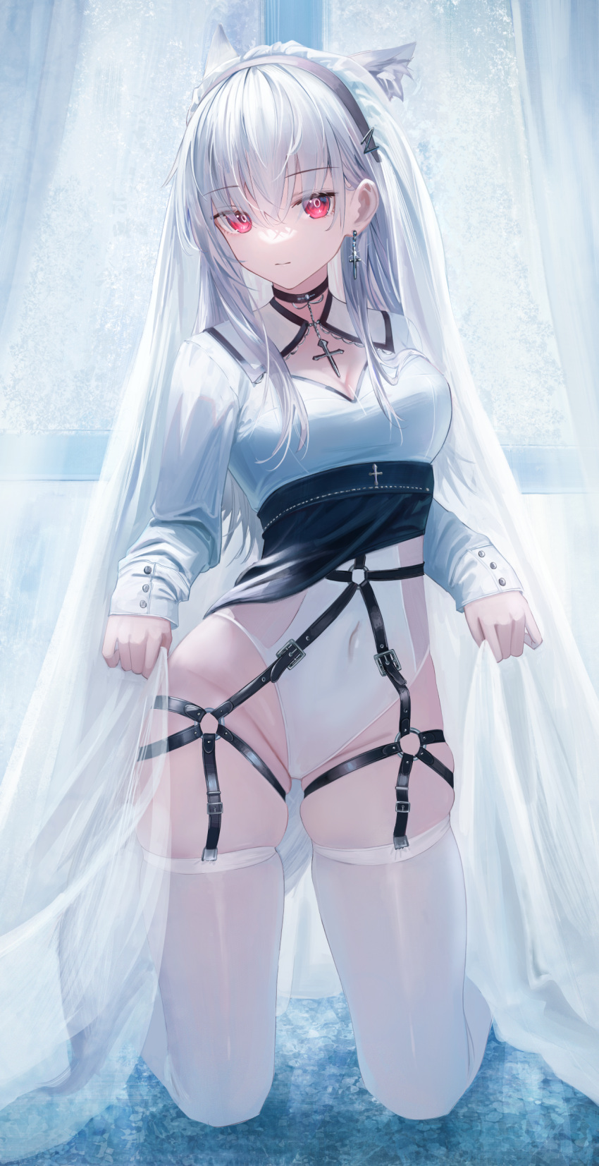 1girl absurdres alternate_costume animal_ear_fluff animal_ears arknights black_choker black_hairband breasts choker cleavage closed_mouth contrapposto covered_navel cross cross_earrings curtains earrings expressionless flippy_(cripine111) frostleaf_(arknights) grey_hair groin hairband highleg highleg_leotard highres indoors jewelry kneeling leotard lifted_by_self long_hair long_sleeves looking_at_viewer medium_breasts o-ring red_eyes shirt skindentation sleeves_past_wrists solid_circle_pupils solo thigh_strap thighhighs thighs veil white_hair white_leotard white_shirt white_sleeves white_thighhighs window