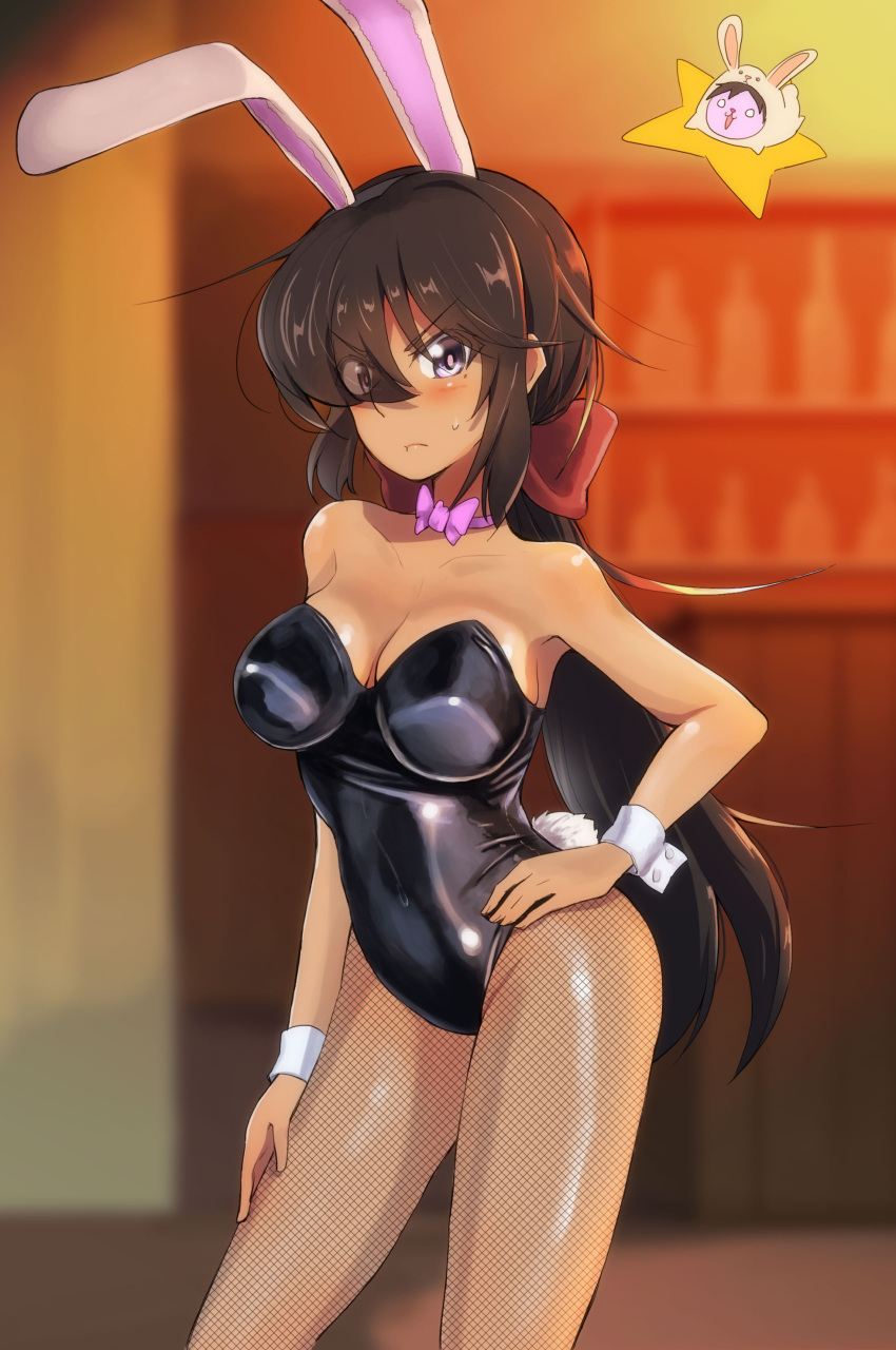 1girl absurdres animal_ears bar_(place) black_eyes black_hair black_leotard black_pantyhose blurry blurry_background blush bow bowtie breasts cleavage_cutout clothing_cutout covered_navel dark-skinned_female dark_skin fake_animal_ears fake_tail fishnet_pantyhose fishnets frown girls_und_panzer hair_bow hair_over_one_eye hand_on_hip hand_on_own_thigh highres indoors jinguu_(4839ms) large_breasts leotard long_hair looking_at_viewer ogin_(girls_und_panzer) pantyhose pink_bow pink_bowtie playboy_bunny ponytail rabbit rabbit_ears rabbit_tail red_bow red_bowtie solo standing star_(symbol) strapless strapless_leotard sweatdrop tail wrist_cuffs