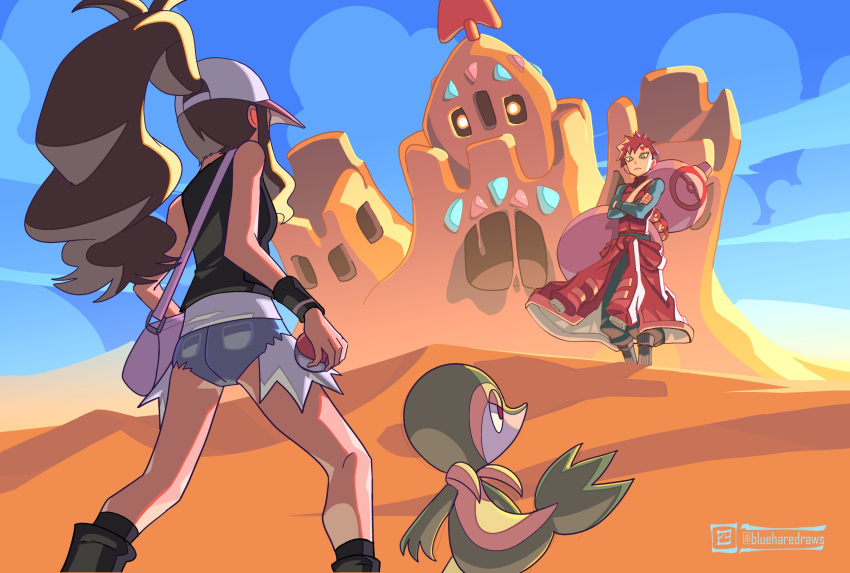 1boy 1girl baseball_cap blueharedraws brown_hair denim denim_shorts gaara_(naruto) gourd hat high_ponytail highres hilda_(pokemon) long_hair naruto naruto_(series) naruto_shippuuden palossand pokemon pokemon_(creature) pokemon_bw pokemon_bw2 ponytail red_hair sand_castle sand_sculpture shirt short_hair short_shorts shorts sidelocks snivy white_shirt wristband