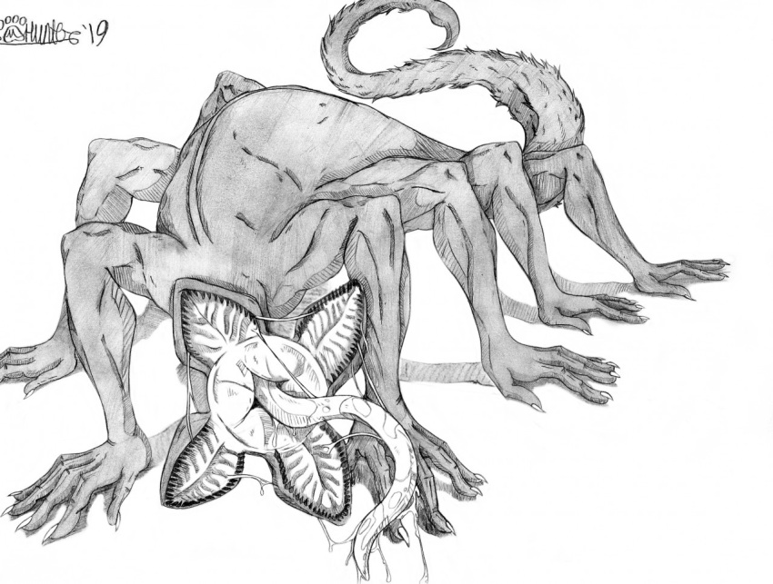 2019 8_arms 8_legs 8_limbs all_fours bodily_fluids claws demogorgon fangs feral fur long_tongue marcushunter monochrome monster multi_arm multi_jaw multi_leg multi_limb nude open_mouth raised_tail saliva saliva_on_tongue saliva_string signature solo tail teeth tongue tongue_out