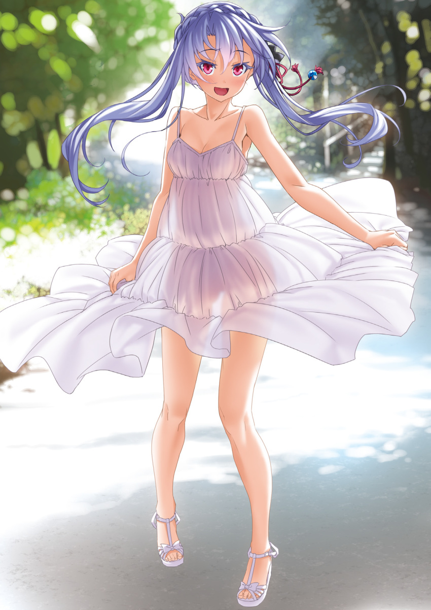 1girl :d alternate_costume bare_arms bare_shoulders black_bow blue_hair blurry blurry_background blush bow braid breasts cleavage collarbone colored_eyelashes commentary crown_braid curvy day dress eyelashes floating_clothes floating_hair full_body hair_between_eyes hair_bow hair_ornament happy highres kannatsuki_noboru long_hair looking_at_viewer non-web_source open_mouth outdoors photo_background red_eyes red_tassel sandals see-through see-through_dress sidelocks sleeveless sleeveless_dress smile solo sorakado_ao standing summer_pockets sundress tassel tassel_hair_ornament white_dress white_footwear wind wind_lift