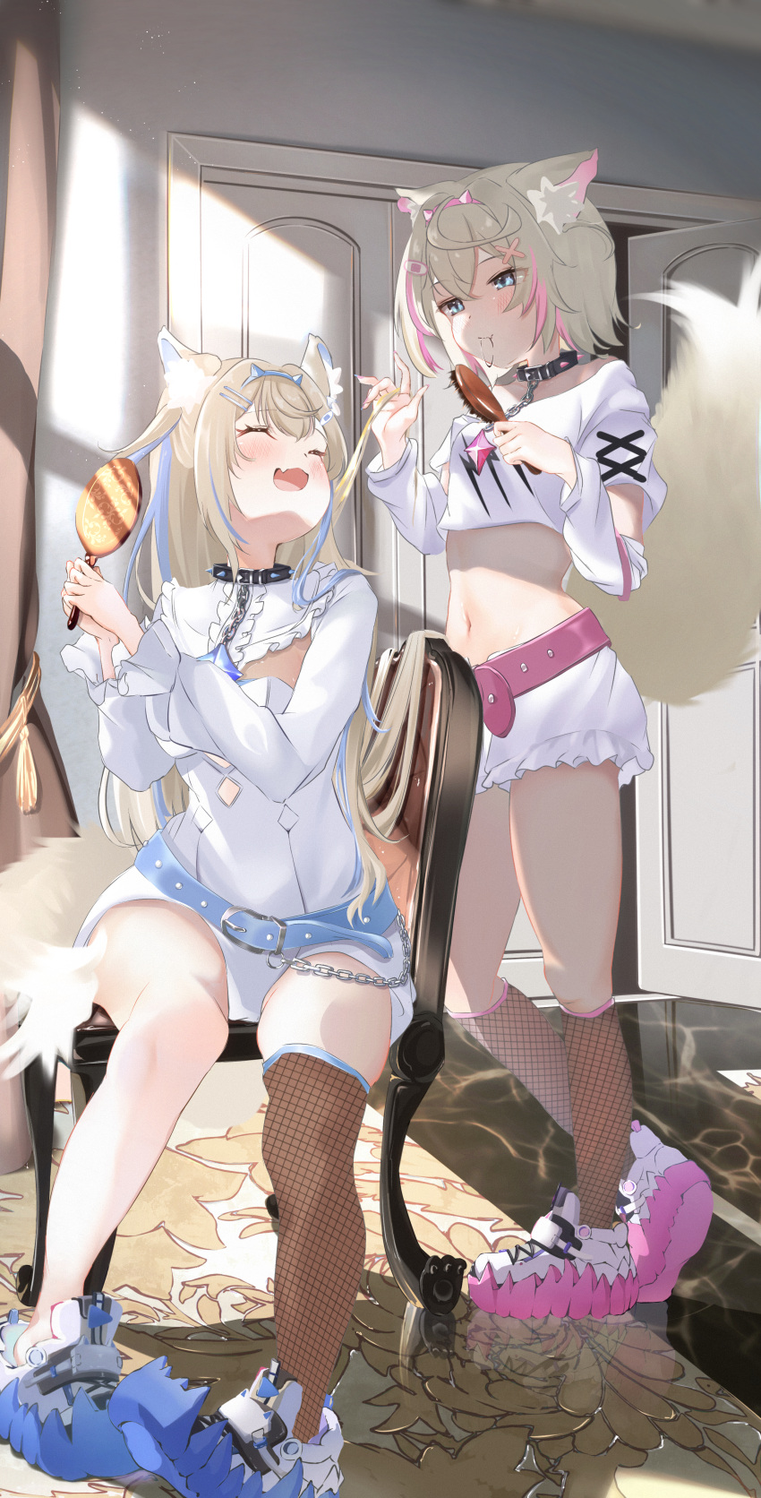 2girls absurdres animal_ear_fluff animal_ears belt belt_collar black_collar blonde_hair blue_belt blue_eyes blue_hair breasts brushing_hair cleavage_cutout closed_eyes closed_mouth clothing_cutout collar cropped_shirt dog_ears dog_girl dog_tail dress fishnet_socks fishnets frilled_shorts frills fuwawa_abyssgard hair_brush highres holding holding_hair_brush hololive hololive_english large_breasts looking_at_another mococo_abyssgard multicolored_hair multiple_girls navel nekoi_skeb_boshuuchu_desu open_clothes pink_belt pink_eyes pink_hair shirt short_dress short_shorts shorts siblings single_fishnet_legwear sisters smile socks spiked_collar spikes streaked_hair tail twins virtual_youtuber white_dress white_shirt