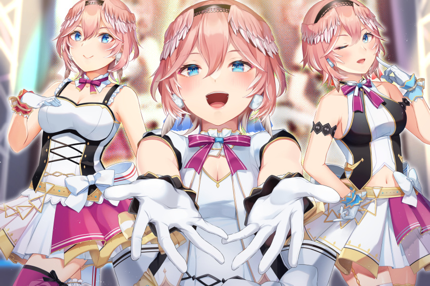 1girl ari_don armlet back_bow belt blue_eyes blush bodice bow bow_skirt bowtie clothing_cutout commentary_request double-parted_bangs earrings frilled_straps frills gloves hair_between_eyes hair_wings halter_shirt halterneck highres hololive hololive_idol_uniform jewelry large_bow layered_skirt miniskirt multiple_views navel navel_cutout official_alternate_costume open_mouth pink_hair pink_skirt pom_pom_(clothes) pom_pom_earrings reaching reaching_towards_viewer red_bow red_bowtie short_hair skirt skirt_set stage takane_lui variations vest virtual_youtuber white_bow white_gloves white_skirt white_vest wrist_cuffs