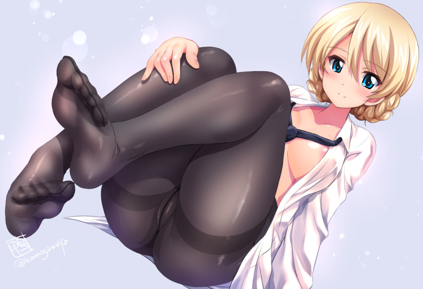 1girl black_pantyhose blonde_hair blue_eyes braid breasts darjeeling_(girls_und_panzer) feet foot_focus french_braid girls_und_panzer hair_between_eyes kamogawa_tanuki large_breasts long_sleeves looking_at_viewer medium_hair open_clothes open_shirt pantyhose shirt smile soles solo thighband_pantyhose white_shirt