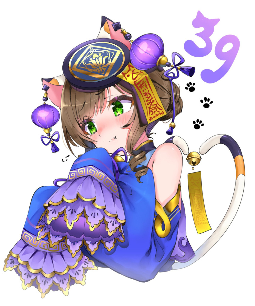 1girl :t animal_ears asymmetrical_bangs bare_shoulders bell blush brown_hair cat_ears cat_tail cropped_torso detached_sleeves dress fang fang_out green_eyes hair_bun highres idolmaster idolmaster_cinderella_girls lantern looking_away looking_to_the_side maekawa_miku multiple_tails ofuda paw_print short_hair simple_background sleeveless sleeveless_dress solo tail upper_body white_background yuanagae