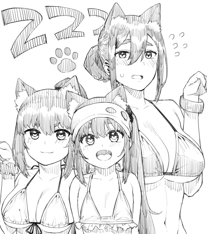 3girls age_difference animal_ear_fluff animal_ears bikini breasts character_request cleavage commentary_request fang flying_sweatdrops front-tie_bikini_top front-tie_top greyscale hai_ookami hair_between_eyes heart heart-shaped_pupils highres monochrome mother_and_daughter multiple_girls open_mouth original scrunchie siblings sisters smile sweatdrop swimsuit symbol-shaped_pupils twins visor_cap wrist_scrunchie