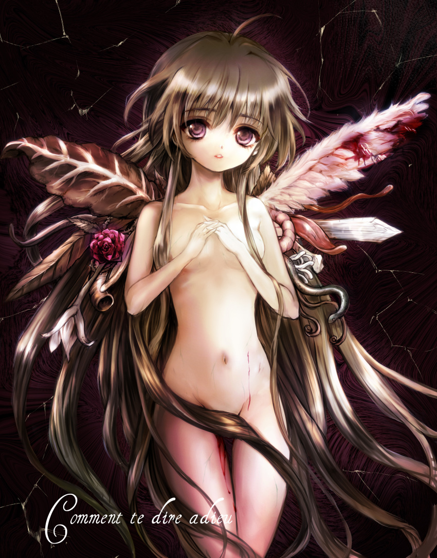 1girl abstract_background absurdly_long_hair absurdres ahoge blood blood_on_leg bloody_wings breasts brown_hair commentary_request completely_nude convenient_censoring crack dark_background expressionless feathered_wings flower flower_wings french_text hair_censor highres leaf_wings leche long_hair looking_at_viewer mismatched_wings nude own_hands_together parted_lips plant_wings purple_eyes rose sayonara_wo_oshiete small_breasts snake solo sugamo_mutsuki tendril thigh_gap tongue very_long_hair white_wings wings