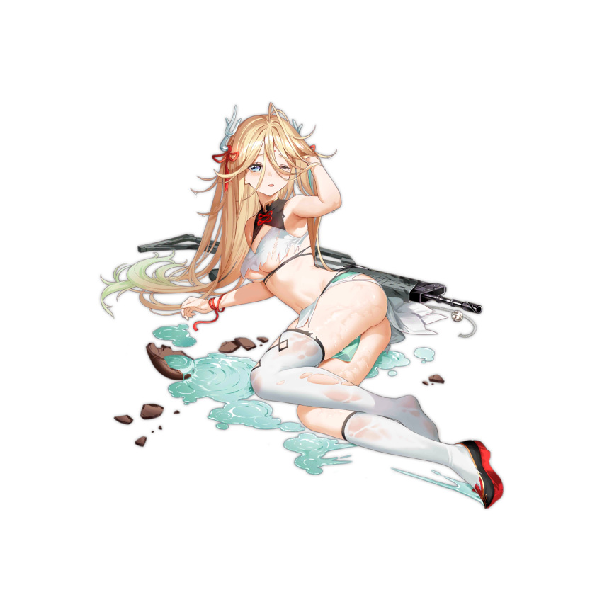 1girl ;o ak_5 ak_5_(girls'_frontline) ak_5_(graceful_landing)_(girls'_frontline) antlers armpits assault_rifle asymmetrical_legwear baizu_(guszx) bell black_footwear blonde_hair blue_eyes breasts broken chinese_clothes cleavage colored_shoe_soles diamond_cutout facial_mark fn_fnc forehead_mark full_body girls'_frontline gun highres jar jingle_bell long_hair looking_at_viewer medium_breasts messy_hair navel official_alternate_costume official_art one_eye_closed parted_lips red_ribbon red_wristband ribbon rifle shoes simple_background single_shoe skirt socks solo strapless tearing_up tears thighhighs third-party_source torn_clothes torn_skirt torn_thighhighs torn_tube_top transparent_background tube_top underboob uneven_legwear very_long_hair water weapon wet wet_floor wet_thighhighs white_skirt white_socks white_thighhighs white_tube_top