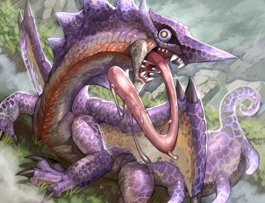 absurdres chameleos claws dragon full_body highres long_tongue looking_at_viewer monster monster_hunter_(series) no_humans outdoors purple_scales rain scales sharp_teeth solo sumosamo tail teeth tongue tongue_out wings yellow_eyes
