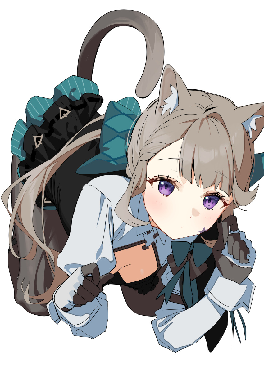 1girl absurdres all_fours animal_ears black_gloves black_leotard black_skirt blue_bow bow braid brown_pantyhose cat_ears cat_girl cat_tail closed_mouth genshin_impact gloves grey_hair hair_bow highres juliet_sleeves leotard long_hair long_sleeves low_ponytail lynette_(genshin_impact) pantyhose puffy_sleeves purple_eyes shirt sidelocks simple_background skirt solo syhan tail very_long_hair white_background white_shirt