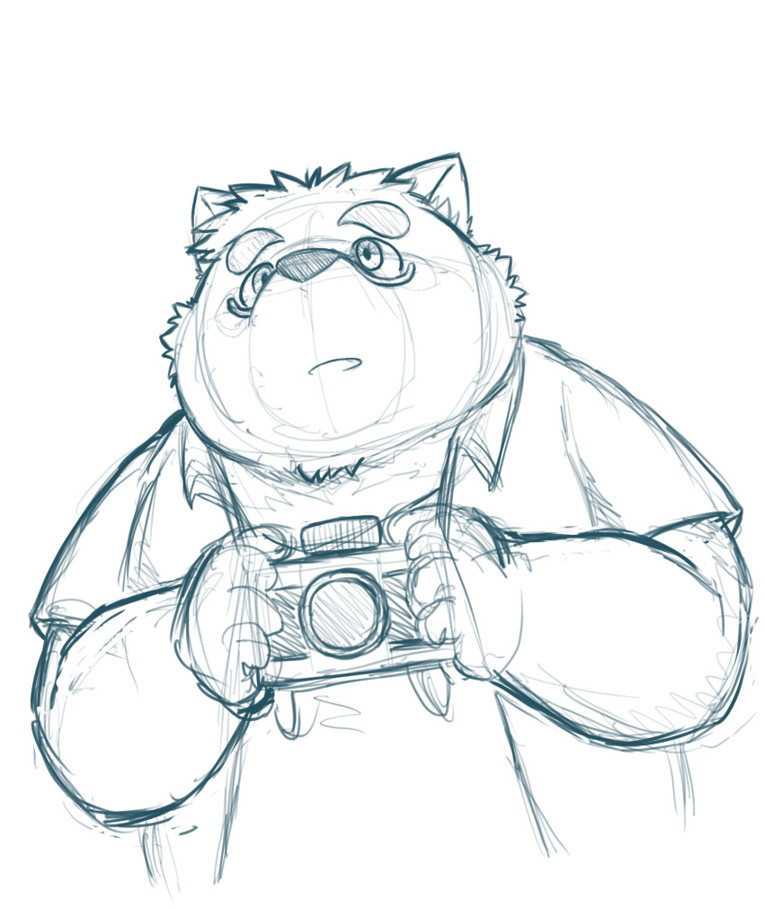 2023 anthro biped camera canid canine clothing eyewear glasses hi_res kemono kounosuke_(morenatsu) mammal morenatsu portrait raccoon_dog shirt simple_background sketch slightly_chubby solo tanuki topwear yuuh1212