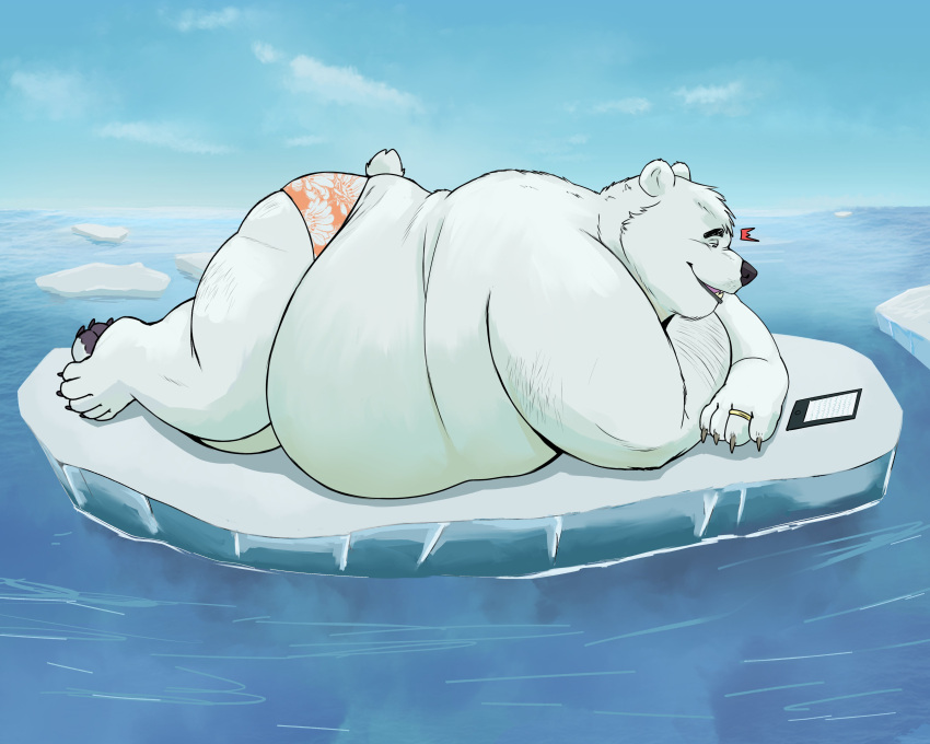 2023 absurd_res anthro bear belly big_belly black_nose cellphone clothing cloud detailed_background hi_res ice male mammal obese obese_male outside overweight overweight_male phone polar_bear sato_afroleone smartphone solo underwear ursine water white_body