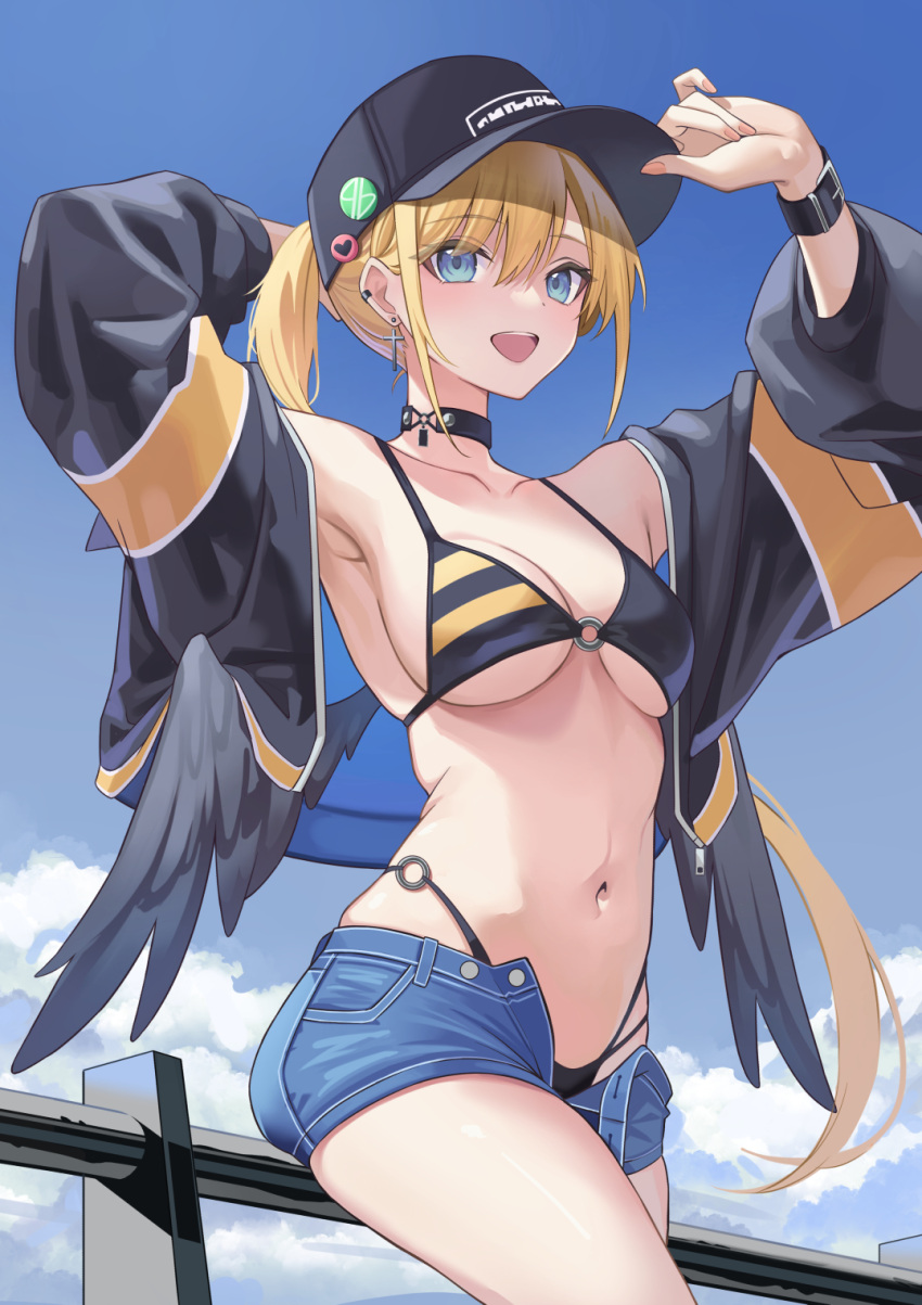 1girl :d baseball_cap bikini bikini_under_clothes black_bikini black_choker black_wings blonde_hair blue_eyes blue_shorts blue_sky breasts choker cloud collarbone commentary_request cowboy_shot cross cross_earrings day denim denim_shorts earclip earrings feathered_wings hand_on_headwear hat highleg highleg_bikini highres jacket jewelry large_breasts light_blush long_sleeves looking_at_viewer multi-strapped_bikini o-ring o-ring_bikini o-ring_top open_clothes open_jacket open_mouth original outdoors ponytail shorts sky smile soar_sora222 solo swimsuit two-sided_fabric two-sided_jacket underwear underwear_only wings