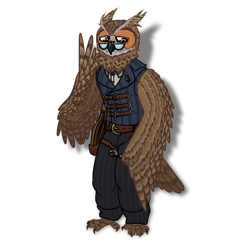 alpha_channel avian beak belt belt_buckle bird black_beak black_bottomwear black_clothing black_pants blue_clothing blue_topwear blue_vest bottomwear brown_body brown_feathers brown_wings clothing collared_shirt crossbow dungeons_and_dragons feathers grey_body grey_feathers hasbro hi_res holster kymsnowman leather leather_clothing long_eared_owl male orange_body orange_feathers owl pants pattern_clothing ranged_weapon rochester_swiftstream shadow simple_background solo solo_focus striped_clothing stripes tail_feathers tools topwear transparent_background tuft vest weapon white_clothing white_topwear wings wizards_of_the_coast wrench yellow_eyes