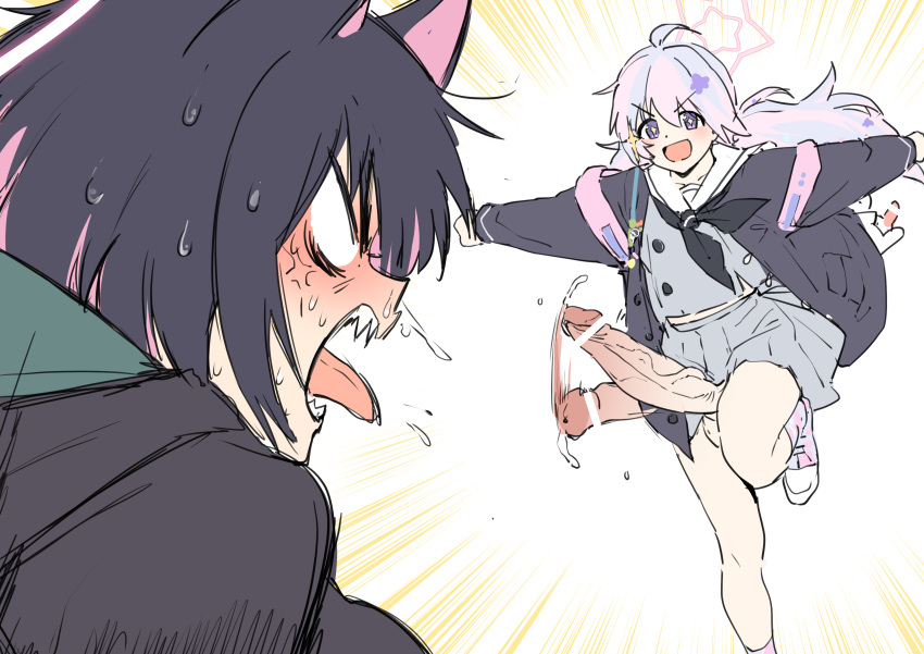 2girls absurdres afterimage ahoge anger_vein angry animal_ears black_hair black_jacket black_neckerchief blue_archive blue_hair cat_ears erection futanari grey_shirt grey_skirt halo highres huge_penis jacket kazusa_(blue_archive) leg_up long_hair long_sleeves looking_at_another multicolored_hair multiple_girls neckerchief open_mouth penis pink_hair purple_eyes reisa_(blue_archive) sharp_teeth shirt skirt teeth thirty_8ght tongue tongue_out