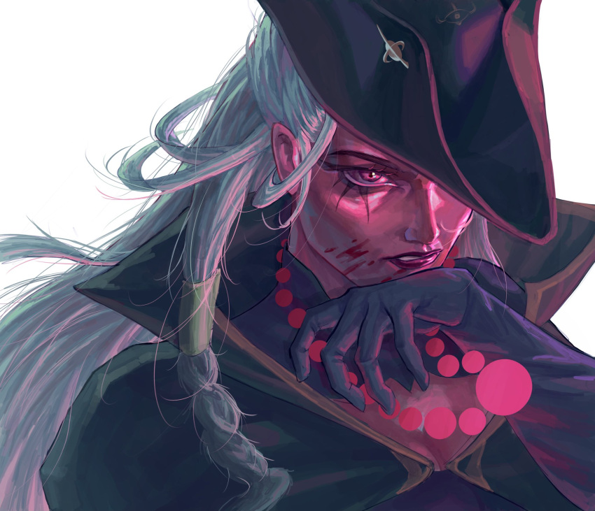 1girl black_cape black_headwear braid cape cedrof dark_waters_diana diana_(league_of_legends) grey_hair hand_up highres league_of_legends long_hair official_alternate_costume portrait red_eyes red_lips simple_background single_braid solo teeth white_background