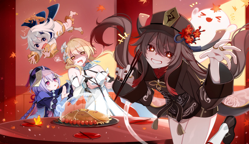 &gt;_&lt; +++ 4girls @_@ ^^^ absurdres autumn_leaves blonde_hair braid braided_ponytail brown_hair coat collared_coat commentary_request detached_sleeves dress drooling fainting falling_leaves fang floating flower flower-shaped_pupils food genshin_impact ghost grey_hair hat height_difference highres hu_tao_(genshin_impact) jewelry leaf long_hair long_sleeves looking_at_another looking_at_viewer lumine_(genshin_impact) maple_leaf mouth_drool multiple_girls multiple_rings ofuda open_mouth paimon_(genshin_impact) partially_shaded_face purple_hair qiqi_(genshin_impact) red_eyes ring shoes shorts single_braid skin_fang smile socks strapless strapless_dress symbol-shaped_pupils table tailcoat very_long_hair yodare_(3yami8)