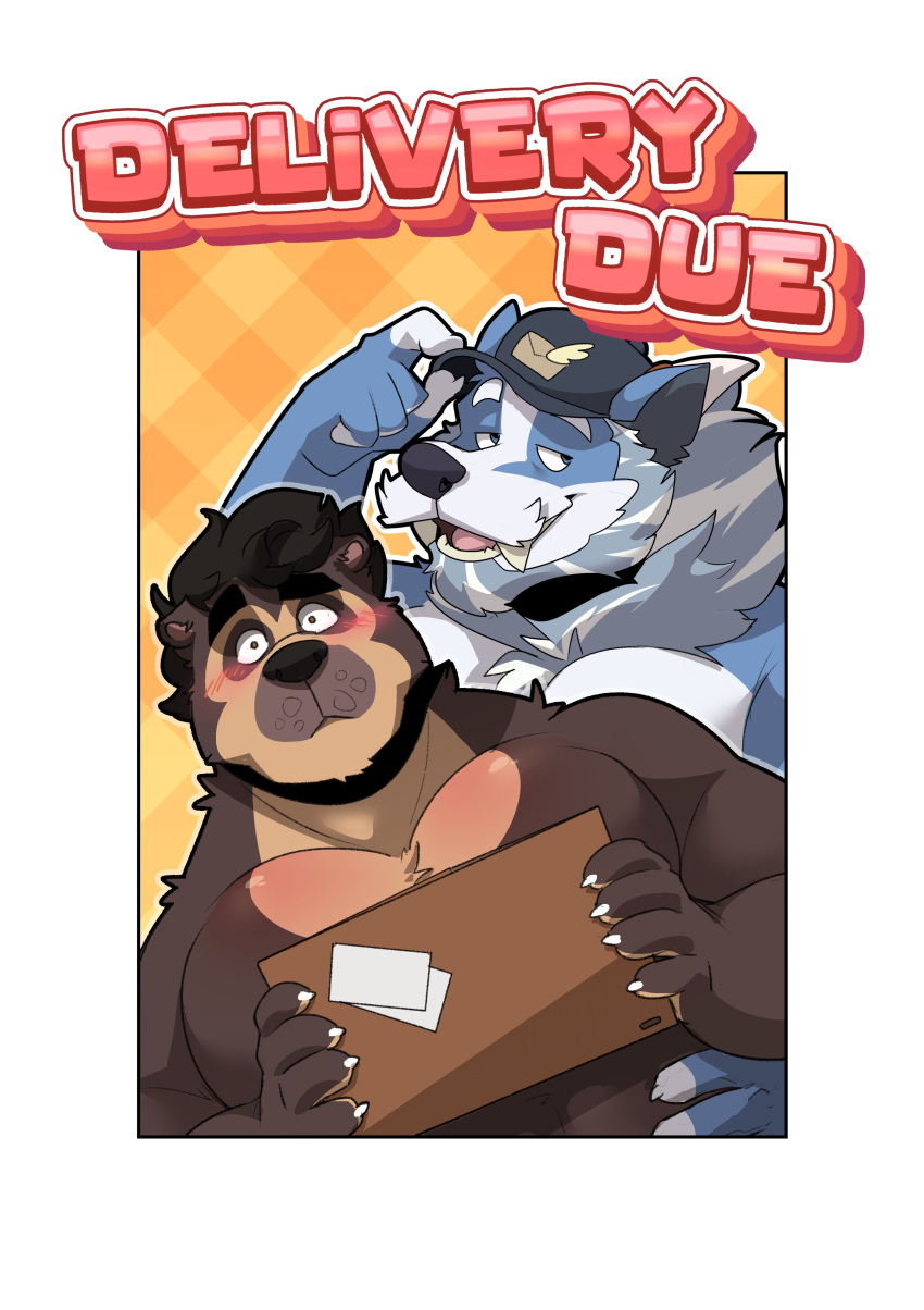 2023 absurd_res anthro badger bear big_pecs blue_body blue_fur blush border box brown_body brown_fur clothing colored comic container cover cover_art cover_page delivery_(commerce) delivery_employee deliverymutt duo english_text facial_hair fur hat headgear headwear hi_res holding_box holding_container holding_object horn howlitebadger male male/male mammal mustelid musteline pecs postal_carrier postal_delivery spectacled_bear text tipping_hat tremarctine uku waist_grab white_border