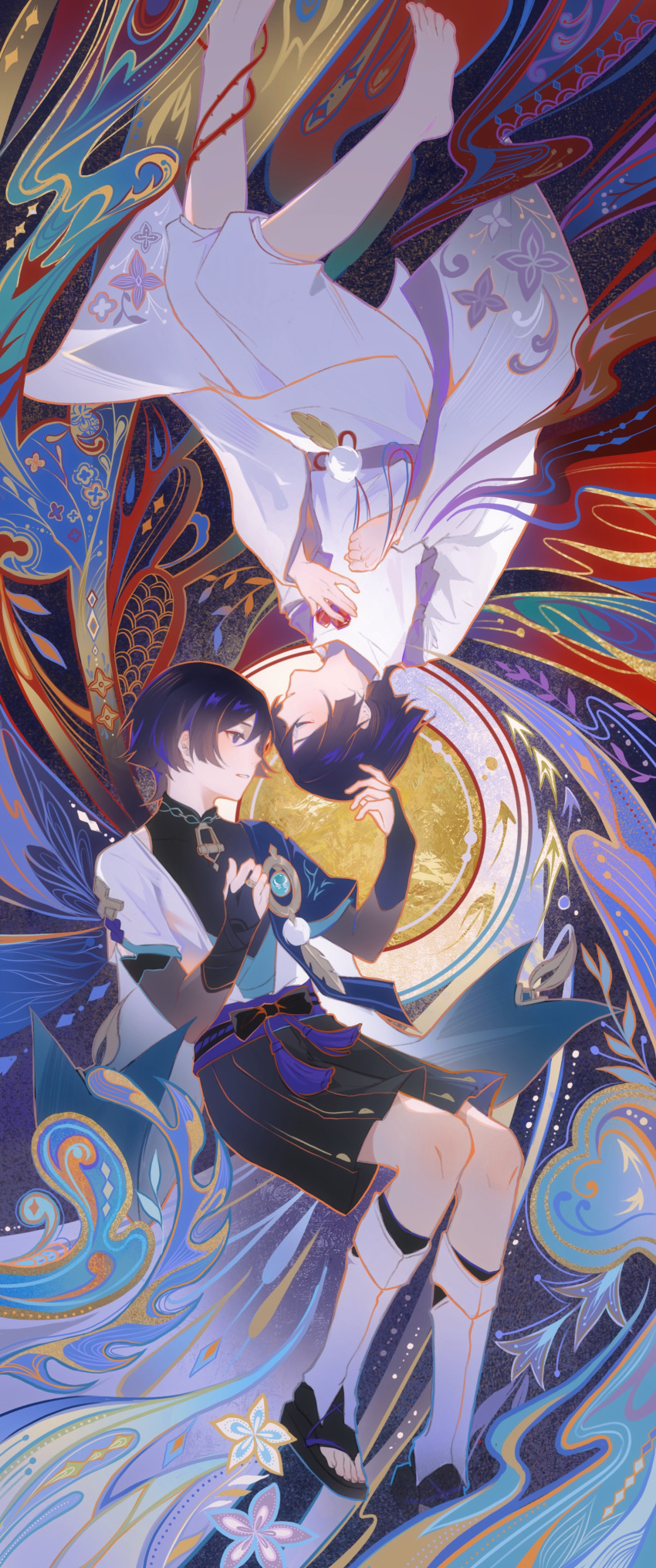 2boys abstract_background absurdres barefoot black_bow black_hair black_ribbon black_shirt black_shorts blue_cape blunt_ends bow bridal_gauntlets cape chinese_commentary closed_eyes commentary_request dual_persona feathers feet genshin_impact hakama hakama_shorts hands_up highres jacket japanese_clothes kimono looking_at_another male_focus multicolored_hair multiple_boys neck_ribbon no_headwear obi open_clothes pants parted_bangs parted_lips plant pom_pom_(clothes) profile purple_eyes purple_hair purple_sash red_ribbon ribbon rope sandals sash scaramouche_(genshin_impact) scaramouche_(kabukimono)_(genshin_impact) shirt short_hair short_sleeves shorts sidelocks sleeveless sleeveless_shirt tassel thorns toes upside-down vines vision_(genshin_impact) wanderer_(genshin_impact) white_jacket white_kimono white_pants xinxi97251086